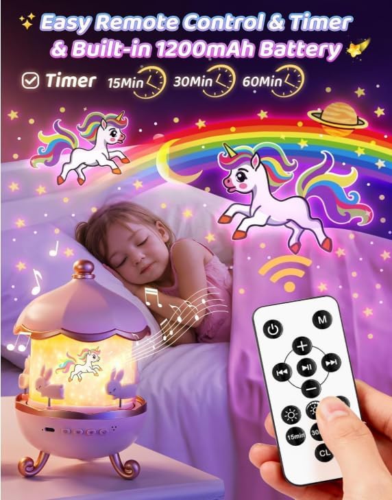 Bunny Carousel Night Light Projector, Starry Sky Series, Pink and Gold